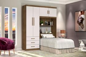 Roupeiro / Cabeceira Baú CAN Solteiro Espaço Amplo 4 Portas e 3 Gavetas Nichos Externos Para Objetos de Decorção Cor Jequitiba/Off White