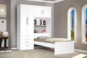 Roupeiro CAN Com Cama + cabeceira Baú Solteiro 1.57m 4 Portas e 3 Gavetas Amplo Espaço Interno Cor Branco