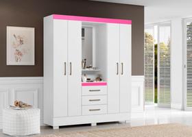 Roupeiro Casal Capelinha Com Espelho Paris Branco / Rosa - Aramóveis