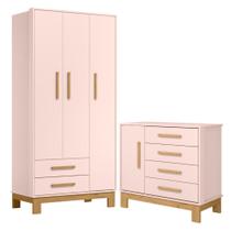 Roupeiro com 3 Portas e Cômoda Mlata Rosa Acetinado Roupeiro com 3 Portas e Cômoda Mlata Rosa Acetinado