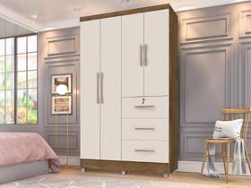 Roupeiro / Guarda Roupas / Armário TOK 1.20m 4 Portas Puxadores Cromados 3 Gavetas sendo 1 com Chave Cor Jequitiba/Off Whiite