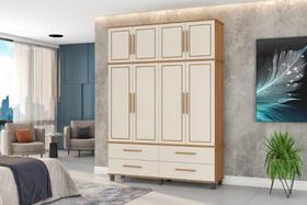Roupeiro / Guarda Roupas HOU Triplex 4 Portas + 4 Gavetas Pés Elevados e Maleiro Amplo Cor Nature/Off White