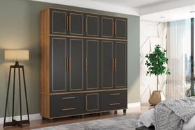 Roupeiro / Guarda Roupas HOU Triplex 5 Portas + 4 Gavetas Com Cabideiros em Alumínio e Puxadores Amadeirados Cor Nature/Grafite