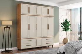 Roupeiro / Guarda Roupas HOU Triplex 5 Portas + 4 Gavetas Com Cabideiros em Alumínio e Puxadores Amadeirados Cor Nature/Off White