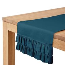 Runner de Mesa de Algodão Slub Azul com Babado Duplo para Decoração - Vargottam