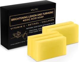 Sabonete clareador de ácido kójico de limão e açafrão VALITIC com vitamina C, retinol e colágeno complexo japonês original infundido com ácido hialurônico, vitamina E, manteiga de karité e azeite de oliva de castela (pacote com 5)
