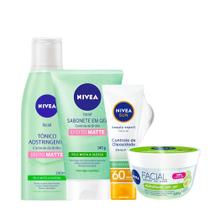 Sabonete Controle do Brilho + Tonico Adstringente + Hidratante Facial Pepino + Protetor Sola Sem Cor FPS 60 Toque Seco