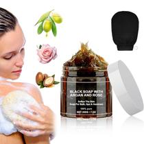 Sabonete QiFind Morocco Black Soap com argan e rosa, 1 unidade e luva Kessa