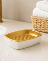Saboneteira de Bancada Arthi Branco e Dourado Porta Sabonete Lavabo Banheiro Organizador Pia Elegante Moderno Saboneteira de Bancada Arthi Branco e Dourado Porta Sabonete Lavabo Banheiro Organizador Pia Elegante Moderno