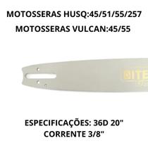 Sabre Motosserras Husqvarna 45/51/55/257 E Vulcan 45/55 36D 20" (50cm) Ponta Maciça Dura Resistente Itecê Gold