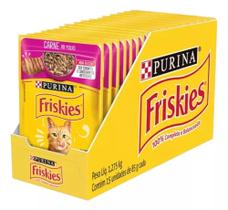 Sachê ração úmida Purina Friskies gatos adultos carne caixa com 15 unidades