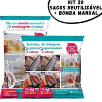 Saco A Vácuo Para Alimento Reutilizável Kit 20 Unidades Bomba Manual Organizar Armazenar Alimentos Hermetico