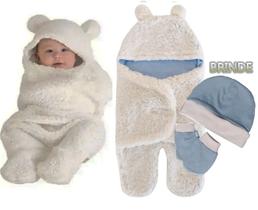 Saco De Dormir Bebê Cueiro Cobertor Swaddle Urso Touca Luva - Ursos e Pelucias