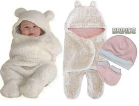 Saco De Dormir Bebê Cueiro Cobertor Swaddle Urso Touca Luva