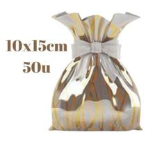 Saco de Presente Metalizado 10x15cm 50u Fios Dourados
