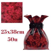 Saco de Presente Metalizado 25x38cm 50u Rosas Vermelhas