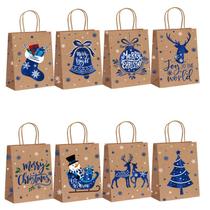 Saco de presente: papel kraft azul, folha de Natal, 22x16x8cm, 10 unidades