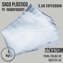 Saco plástico 1 kg sem furo para documentos folha A4 22X 32cm transparente Saco plástico 1 kg sem furo para documentos folha A4 22X 32cm transparente