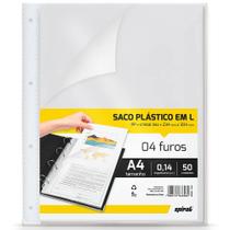 Saco plástico PP A4 com 4 furos em L, 0,14mm, Spiral 50 UN
