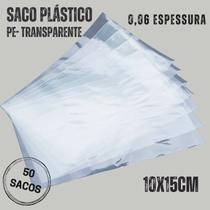 Saco plástico transparente 10x15cm virgem 50 unidades.