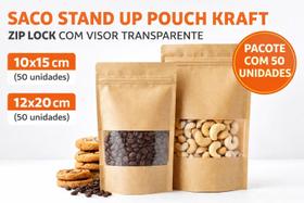 Saco Stand Up Pouch Kraft Fosco Zip Lock com Visor 50 Unidades Embalagem para Alimentos, Doces e Delivery Saco Stand Up Pouch Kraft Fosco Zip Lock com Visor 50 Unidades Embalagem para Alimentos, Doces e Delivery