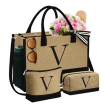 Sacola de Juta Grande YOOLIFE para Mulheres - com 2 Bolsas de Maquiagem e Detalhe em V