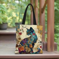 Sacola de Lona Estética com Padrão Floral de Gato - Leve e Ideal para Compras Sacola de Lona Estética com Padrão Floral de Gato - Leve e Ideal para Compras