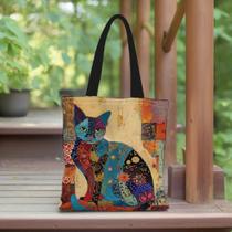 Sacola de Lona Estética com Padrão Floral de Gato - Leve e Ideal para Compras Sacola de Lona Estética com Padrão Floral de Gato - Leve e Ideal para Compras