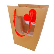 Sacola de Papel com visor duplo de PVC - Kraft com Alça Vermelha e Tag de Coração - 26x15,5x15,5cm - 1 unidade - Rizzo