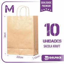 Sacola de Papel Kraft - 10 Unidades - M (22x12x34) - Lisa Sem Impressão - Dalpack Embalagens