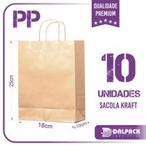 Sacola de Papel Kraft - 10 Unidades - PP (18x10x25) - Lisa Sem Impressão - Dalpack Embalagens