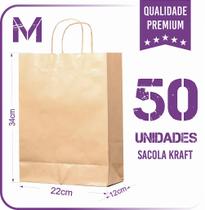 Sacola de Papel Kraft - 50 Unidades - M (22x12x34) - Lisa Sem Impressão - Dalpack Embalagens