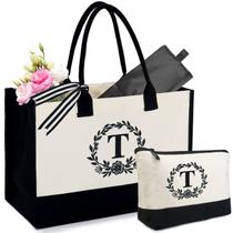 Sacola de praia BeeGreen Utility com bolsa de maquiagem, monograma inicial, bordado, sacola de lona para mulheres, presentes personalizados para amigos de Natal, aniversário, mãe anfitriã, dama de honra, carta T
