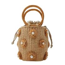 Sacola NIBD Flower Pearls Rattan Summer Beach Straw Bucket