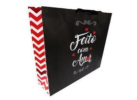 Sacola Offset Preta Grande (43 x 12 x 38 cm) c/ alça de Gorgurão Feito com Amor - 50 unidades