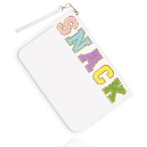Sacolas de lanche transparentes Chenille Letter, bolsa de monograma com zíper transparente de PVC e PU com pulseira, lanches portáteis à prova d'água com glitter, bolsa de maquiagem, bolsa de praia, bolsa de higiene para mulheres e meninas (lanche branco)