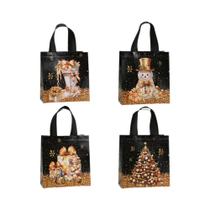 Sacolas De Presente De Natal 12 Peças Design Boneco De Neve E Árvore Alças Pretas E Douradas Sacolas