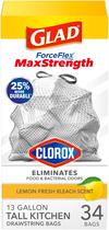 Sacos de lixo Glad ForceFlex MaxStrength com Clorox 13 galões 34 quilates Sacos de lixo Glad ForceFlex MaxStrength com Clorox 13 galões 34 quilates