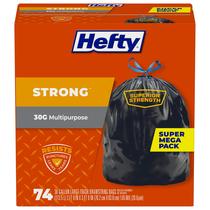 Sacos de lixo Hefty Strong Large, 30 galões, pretos, 74 unidades