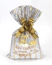 Sacos de presente metalizados 20x29cm 50un com frases