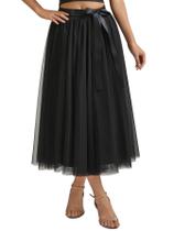 Saia Aiberlisha A Line, comprimento de chá, tule para festa, baile, preta