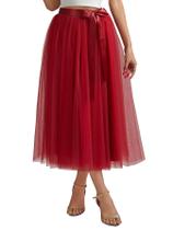 Saia Aiberlisha A Line, comprimento de chá, tule para festa, cor de vinho
