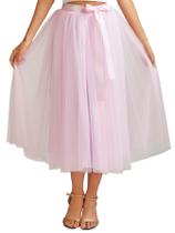 Saia Aiberlisha A Line, comprimento de chá, tule rosa para festa