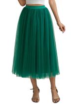 Saia Aiberlisha A-line, comprimento de chá, tule, verde escuro, S-M, feminina