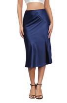 Saia ALCEA ROSEA, sedosa, cetim, cintura alta, linha A, com fenda azul marinho