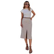 Saia Alfaiataria Midi com Fenda em Linho Elegante Moda Evangélica