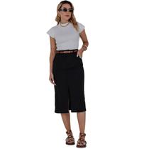 Saia Alfaiataria Midi com Fenda em Linho Elegante Moda Evangélica
