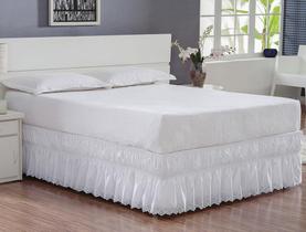 Saia Babado Cama Casal Queen Pérola Tecido Microfibra Acabamento Ultra Sônico - Branca