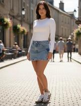 Saia Cargo Curta Levanta Bumbum Com Elastano Jeans Cintura Alta Verão