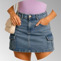 Saia Cargo Jeans Feminina Bolso Lateral Lycra Mini Cintura Alta